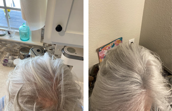 Before and after image of a woman with straight white hair and a bald spot on her crown