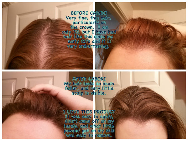 Before and after image of a person with straight light reddish-brown hair with thin hair on their parting line