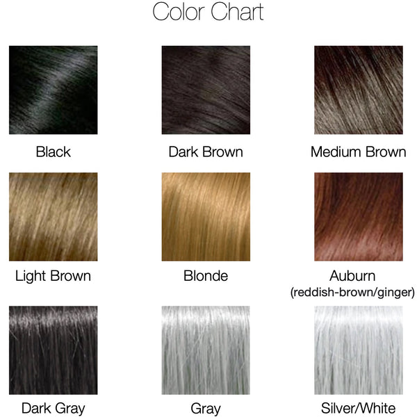 Color chart image containing the 9 colors of black, dark brown, medium brown, light brown, blonde, auburn, dark gray, gray, and silver/white.